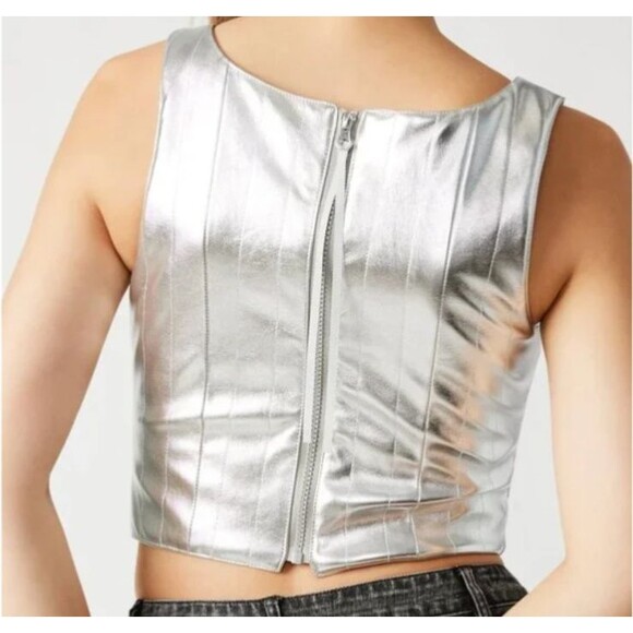 Steve Madden Women's Mallika Silver Corset Faux Leather Top Size M NWT Y2K Disco - Picture 3 of 9